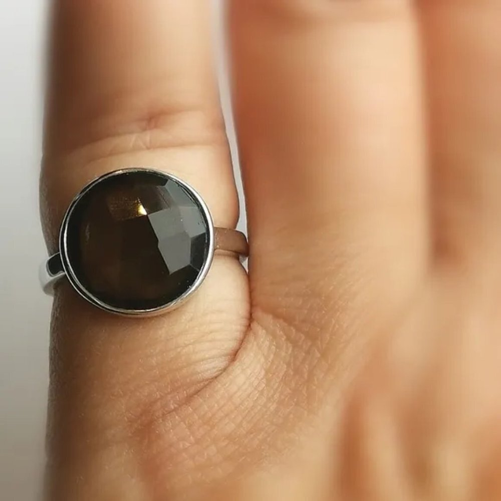 Sterling silver checkerboard cut Smokey Topaz Smoky Quartz ring - Picture 4 of 6